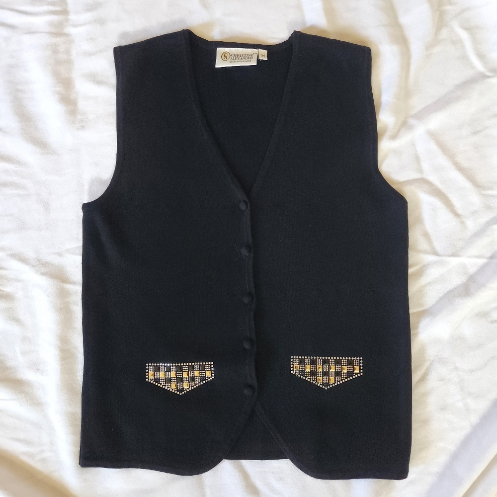 Christine Alexander Black Embellished Knit Vest Medium Rhinestone Detail Holiday